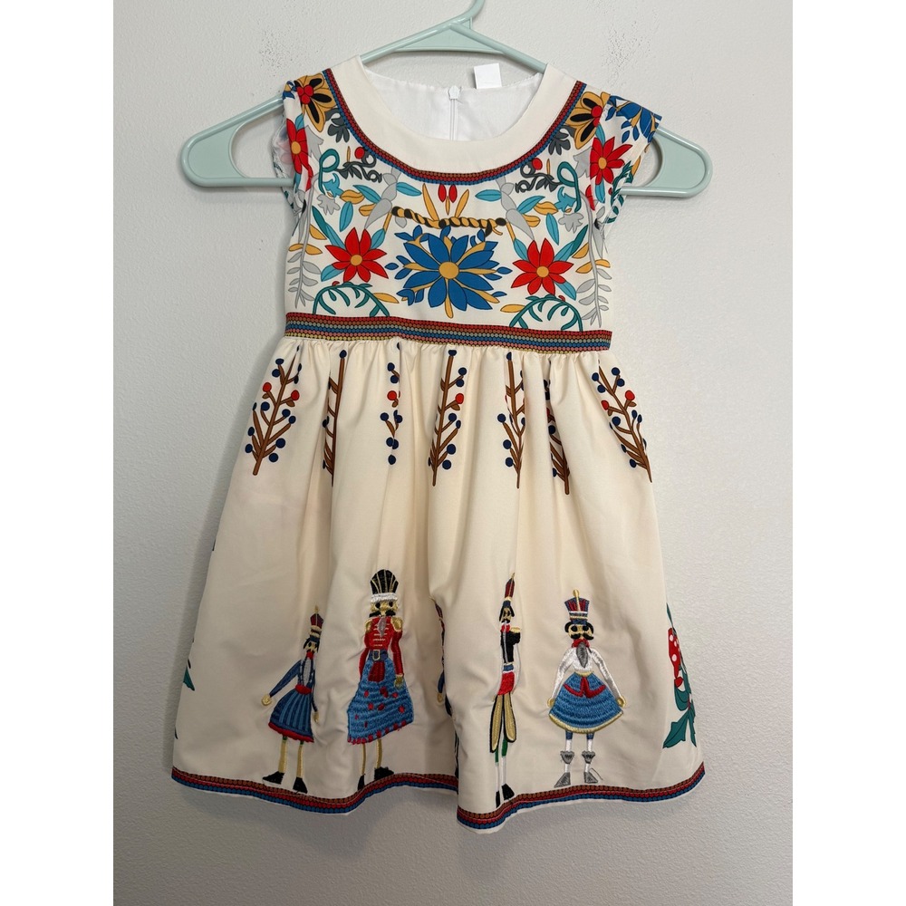 Mini Taylor Girls White Floral Nutcracker Fit and Flare Dress Size 2-3Y